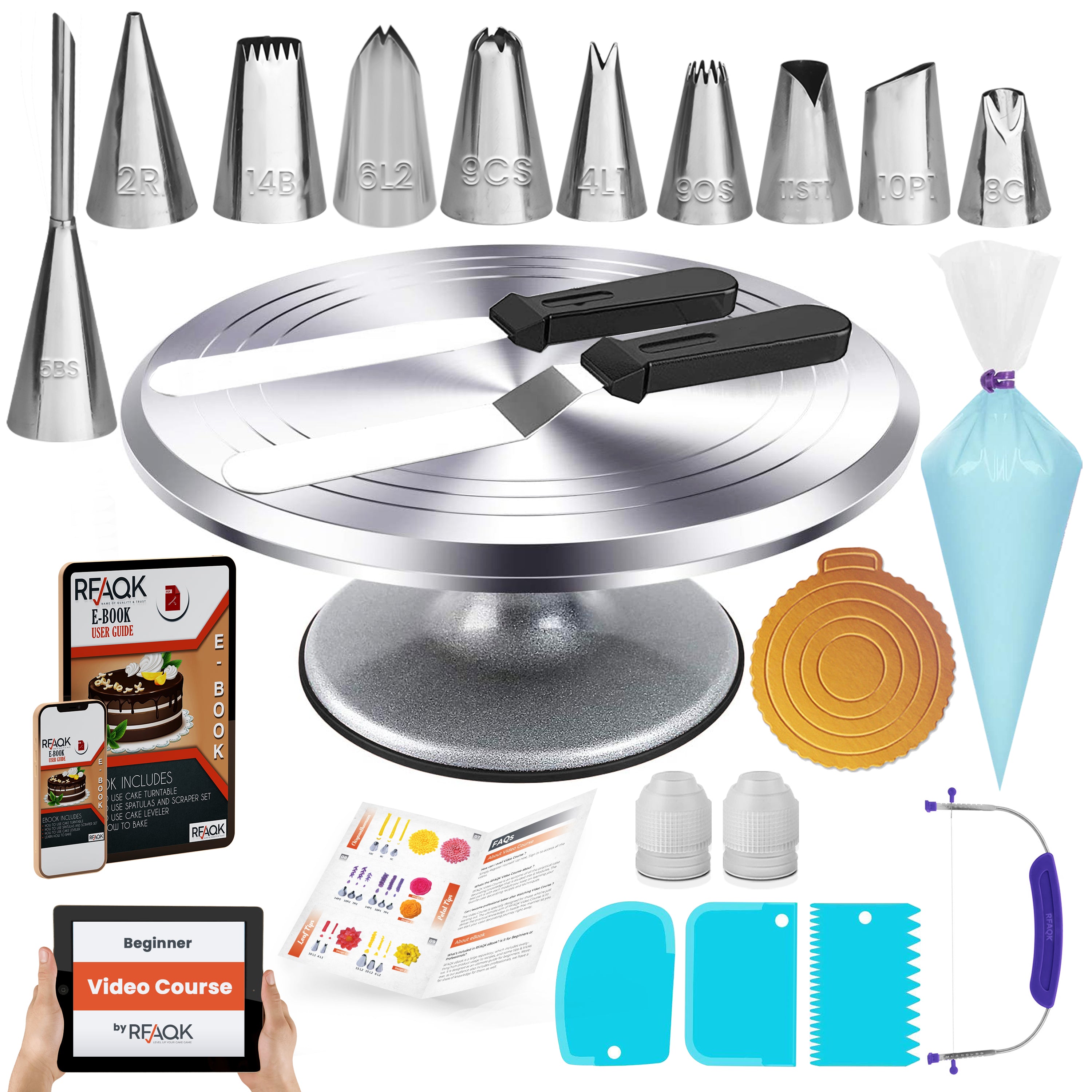 Kootek Cake Decorating Kit Baking Supplies Cake Turntable with 2 Frosting Straight Angled Spatula 3 Icing Smoother Scrapers Baking Accessories Tools