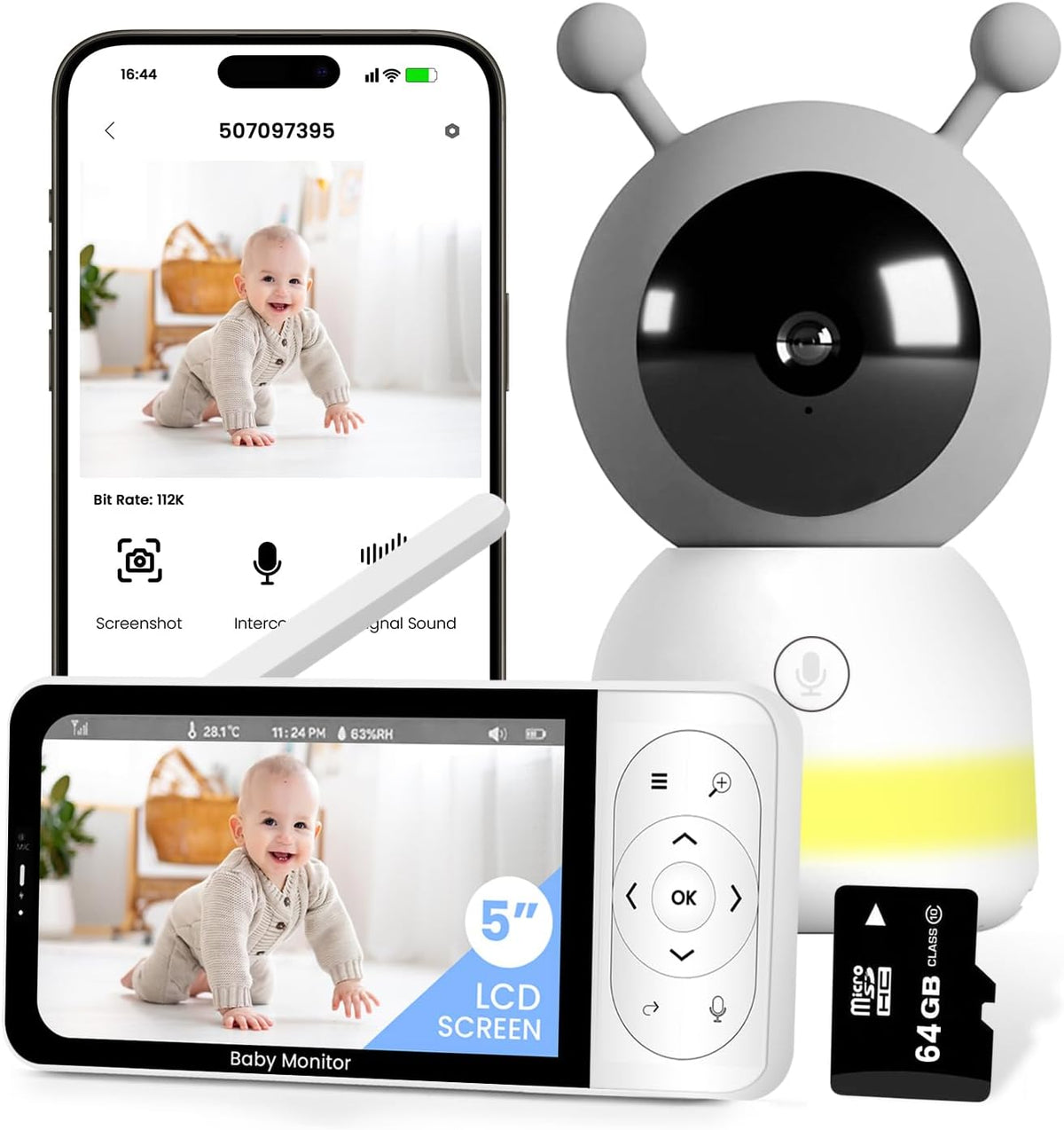 RFAQK Baby Monitor with WiFi - Night Vision Baby Monitor Camera and Audio, 2K 5-inch HD Screen, 24 Hours VOX Mode, Temperature Sensor, Cry & Motion Detection, PTZ Auto Tracking