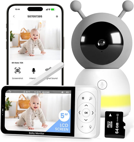 RFAQK Baby Monitor with WiFi - Night Vision Baby Monitor Camera and Audio, 2K 5-inch HD Screen, 24 Hours VOX Mode, Temperature Sensor, Cry & Motion Detection, PTZ Auto Tracking