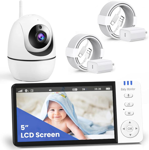 RFAQK Baby Monitor- 5-inch Large Ultra HD Display Baby Camera Monitors, Wireless Camera and Audio, Night Vision, 4X Pan-18 Hours VOX Mode,Baby Monitor no WiFi with Lullabies