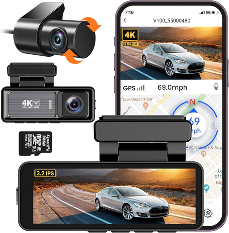 RFAQK Dash Cam Car 4k Front and Back - 3.2 Inch, 32GB Card, Car Dash Camera Built-in WiFi GPS, UHD 1089P Night Vision, WDR, Parking Monitor